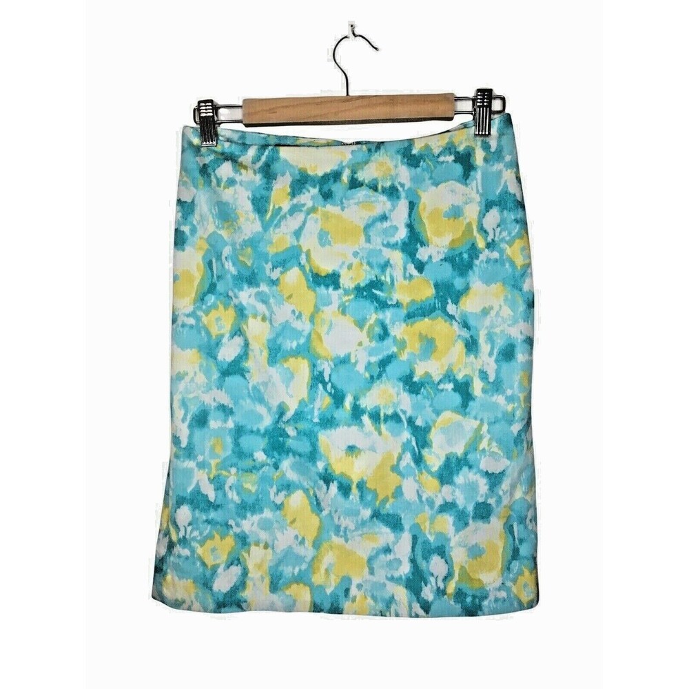 Talbots Mod Floral Pencil Skirt 4P Turquoise Yellow Lined Sateen 90s Style